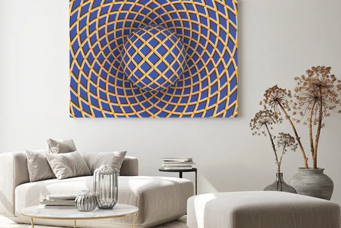 Obraz: Złudzenie optyczne obrotu kuli na tle z możliwością przemieszczania.