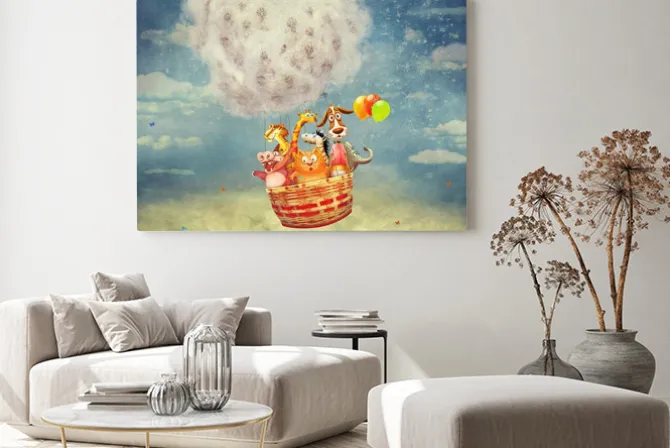 Obraz: Zwierzątka lecące balonem z dmuchawców