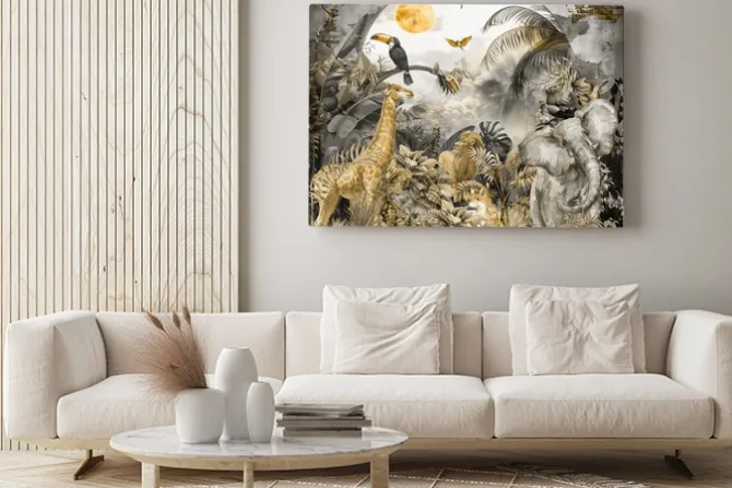 Obraz: Zwierzątka safari w akwarelowej dżungli z roślinami