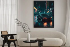 Plakat: A car driving down a city street at night, cyberpunk, futuristic