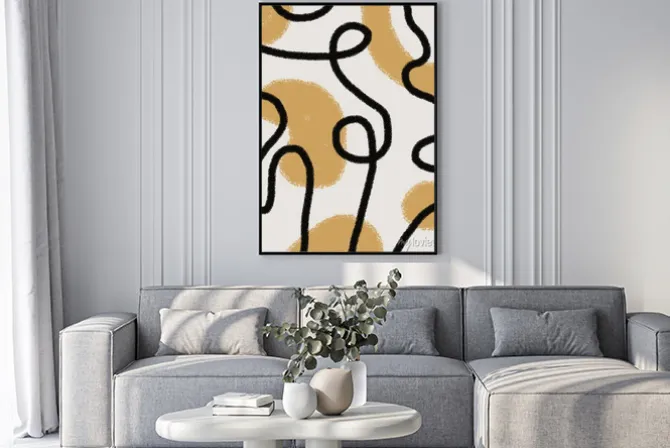 Plakat: Abstract mid century line art and yellow mustard painting