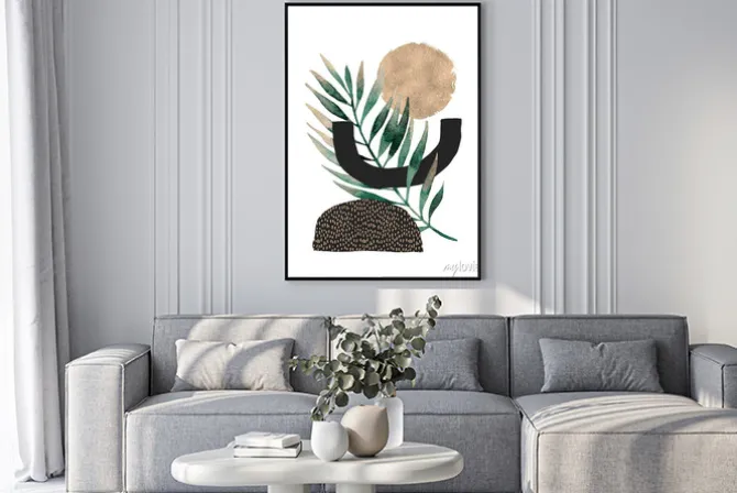 Plakat: Abstrakcyjna kompozycja z zielonym liściem