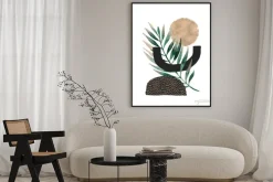 Plakat: Abstrakcyjna kompozycja z zielonym liściem