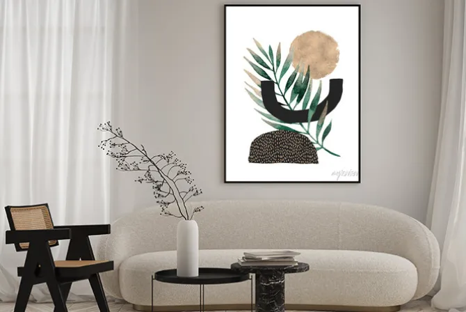 Plakat: Abstrakcyjna kompozycja z zielonym liściem