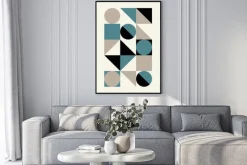 Plakat: Abstrakcyjna kompozycja z kręgami i kwadratami na beżowym tle