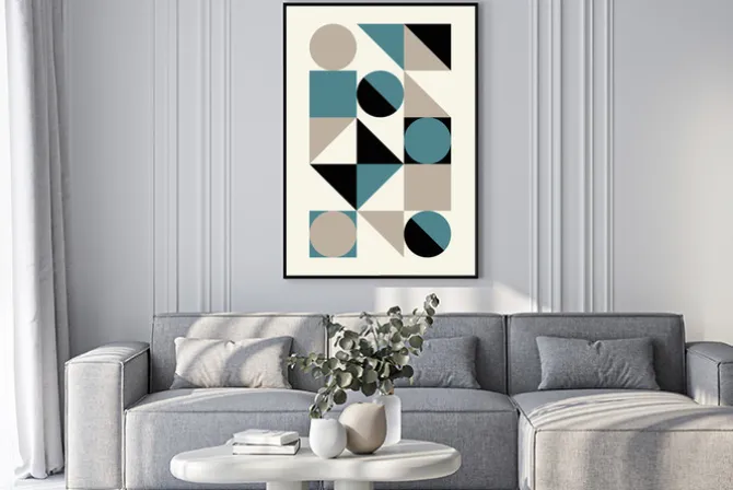 Plakat: Abstrakcyjna kompozycja z kręgami i kwadratami na beżowym tle