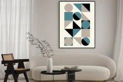 Plakat: Abstrakcyjna kompozycja z kręgami i kwadratami na beżowym tle