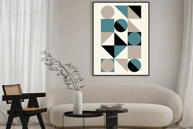 Plakat: Abstrakcyjna kompozycja z kręgami i kwadratami na beżowym tle