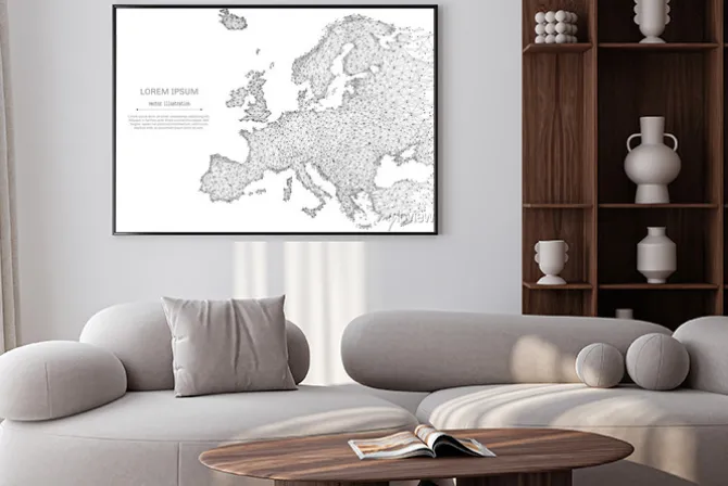 Plakat: Abstrakcyjna linii mash i punkt mapa europy na białym tle z napisem.