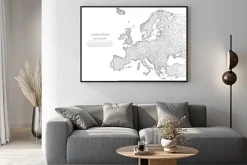 Plakat: Abstrakcyjna linii mash i punkt mapa europy na białym tle z napisem.