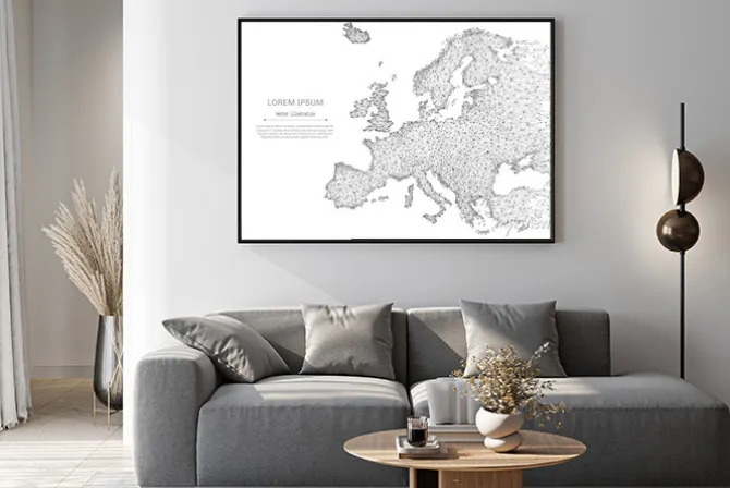 Plakat: Abstrakcyjna linii mash i punkt mapa europy na białym tle z napisem.