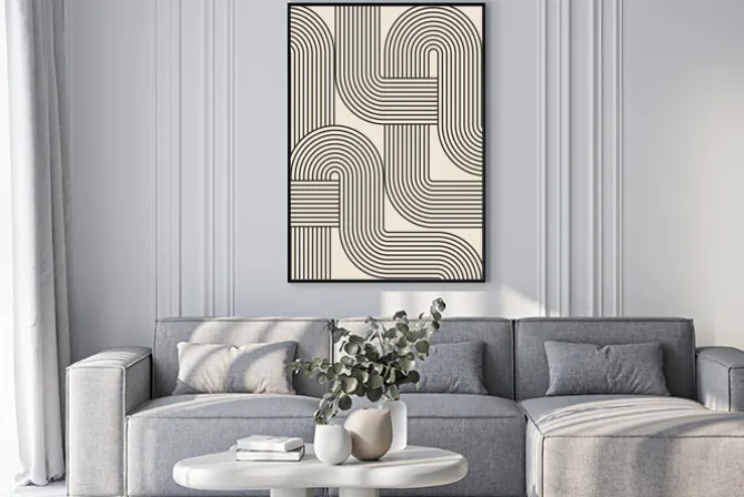 Plakat: Abstrakcyjne formy czarne linie na beżowym tle