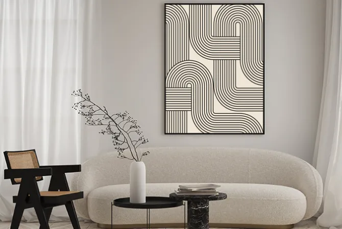 Plakat: Abstrakcyjne formy czarne linie na beżowym tle