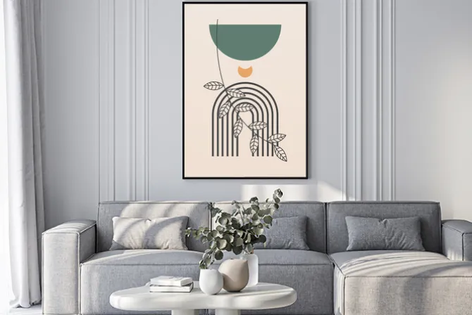 Plakat: Abstrakcyjne geometryczne kształty i roślinność