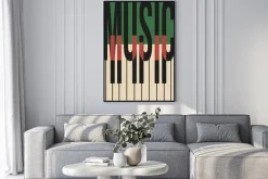 Plakat: Abstrakcyjne klawisze fortepianu i napis music