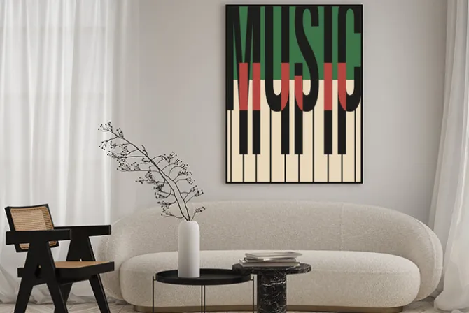 Plakat: Abstrakcyjne klawisze fortepianu i napis music