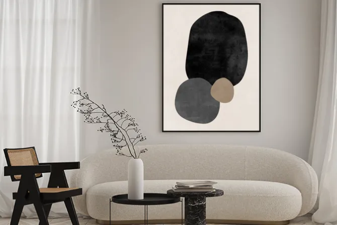 Plakat: Abstrakcyjne kształty na beżowym tle