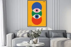 Plakat: Abstrakcyjne oko i geometryczne formy inspirowane bauhausem