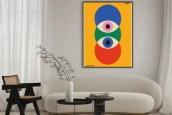 Plakat: Abstrakcyjne oko i geometryczne formy inspirowane bauhausem