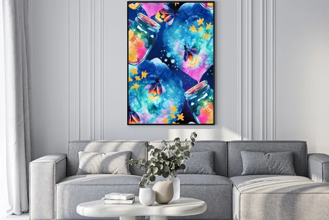 Plakat: Abstrakcyjne tło z bajki magicznej butelki i firefly