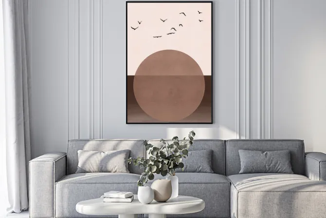 Plakat: Abstrakcyjny krajobraz z zachodem słońca w kolorach mocha mousse