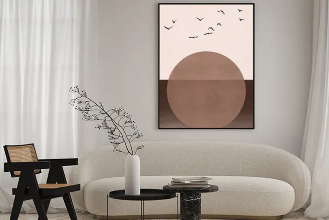 Plakat: Abstrakcyjny krajobraz z zachodem słońca w kolorach mocha mousse