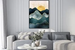 Plakat: Abstrakcyjny krajobraz z zachodem słońca w górach
