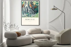 Plakat: Abstrakcyjny pejzaż z dużym wodospadem reprodukcja hokusai