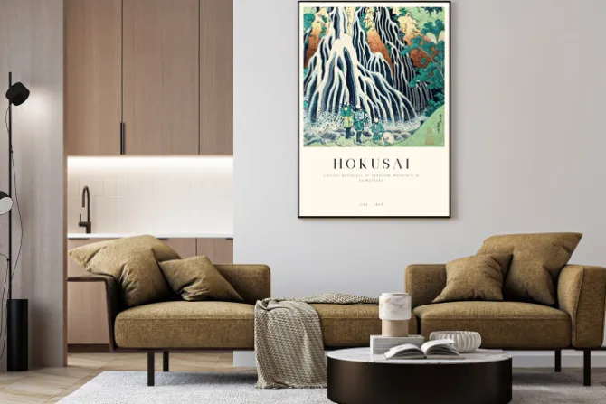 Plakat: Abstrakcyjny pejzaż z dużym wodospadem reprodukcja hokusai