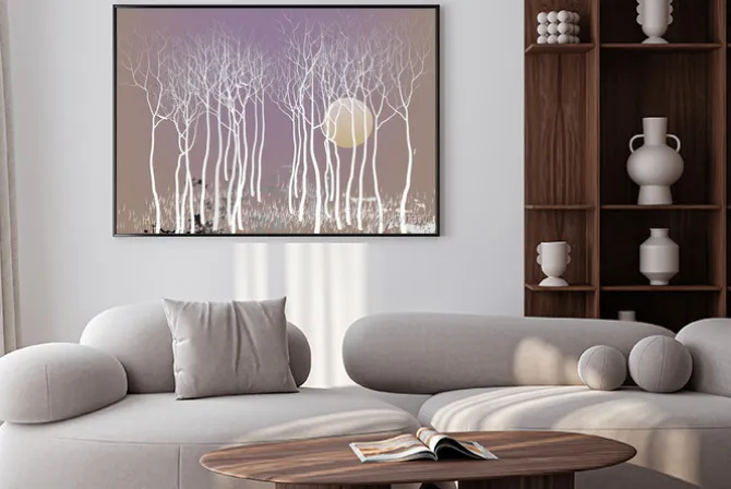 Plakat: Abstrakt drzew leśnych z pozostaw z księżycem porze nocnej wizji,