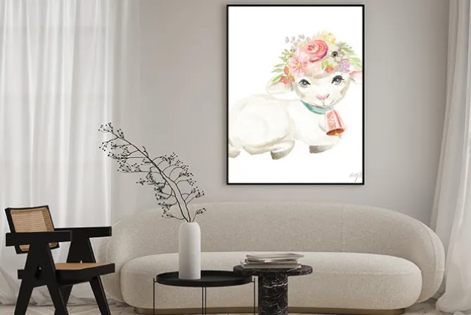 Plakat: Ładny akwarela owiec z dzwon i kwiatowy, bukiet kwiatów, wieniec