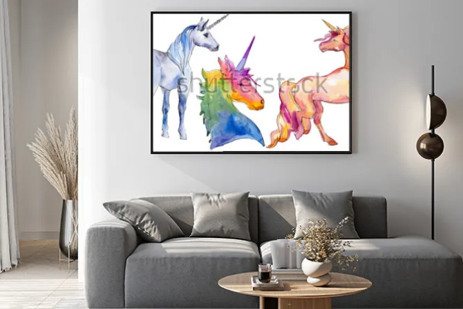 Plakat: Ładny jednorożec konia. bajkowe dzieci słodki sen. tęczowy róg