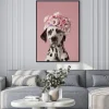 Plakat: Adorable dalmatian dog with wreath on pink background. dog portrait