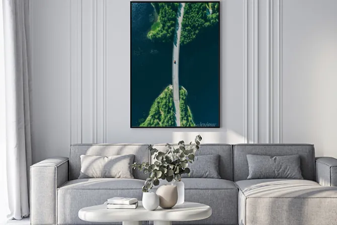 Plakat: Aerial view of bridge road through blue lakes with green woods