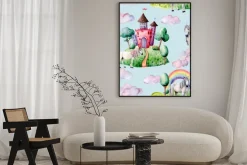 Plakat: Akwarela bajkowy wzór witn jednorożca, chmura i zamek. ręcznie