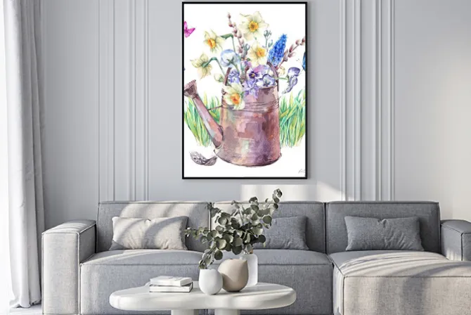 Plakat: Akwarela bukietu kwiatów w konewce