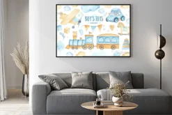 Plakat: Akwarela chłopców zabawki chrzciny zestaw z samochodu samolot