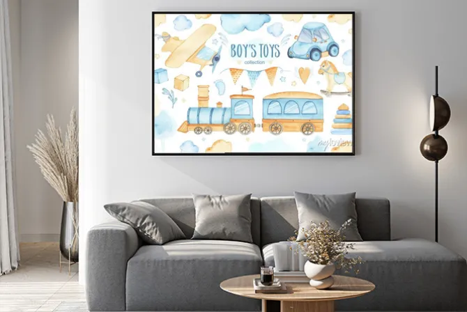 Plakat: Akwarela chłopców zabawki chrzciny zestaw z samochodu samolot