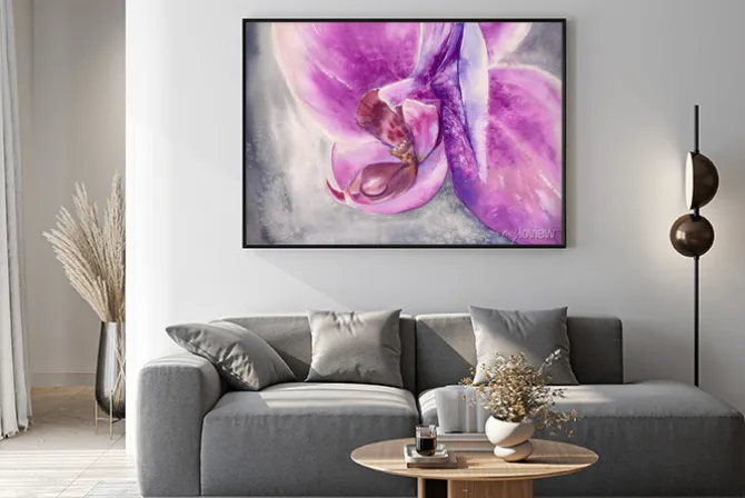 Plakat: Akwarela dysząc różowy kwiat orchidei z małych kropli wody.