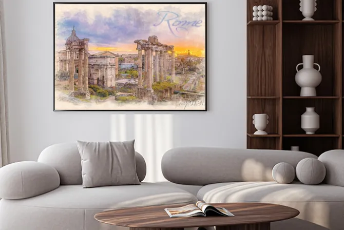 Plakat: Akwarela efekt ilustracja świcie nad rzymskim forum