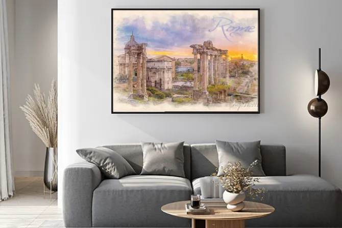 Plakat: Akwarela efekt ilustracja świcie nad rzymskim forum