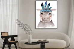 Plakat: Akwarela hipopotam, ładny wzór boho z piórami. nadruki dla dzieci