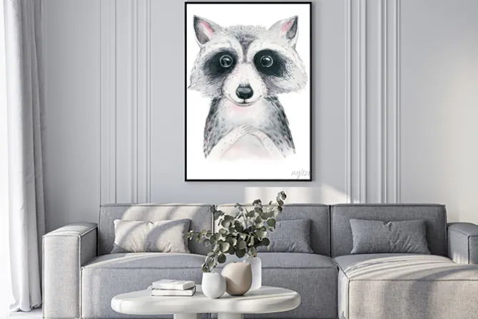 Plakat: Akwarela kreskówka na białym tle słodkie dziecko szop zwierzę