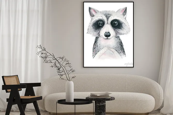 Plakat: Akwarela kreskówka na białym tle słodkie dziecko szop zwierzę