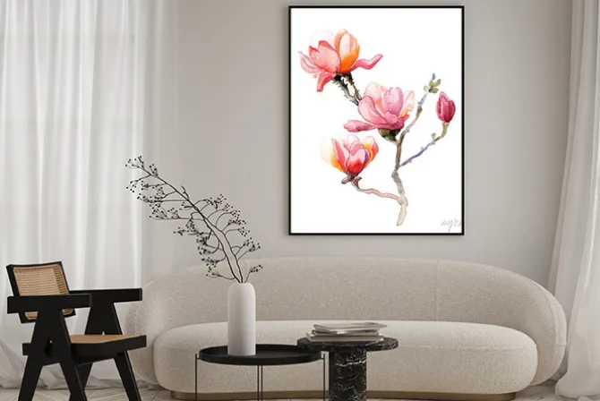 Plakat: Akwarela magnolia samodzielnie na białym tle