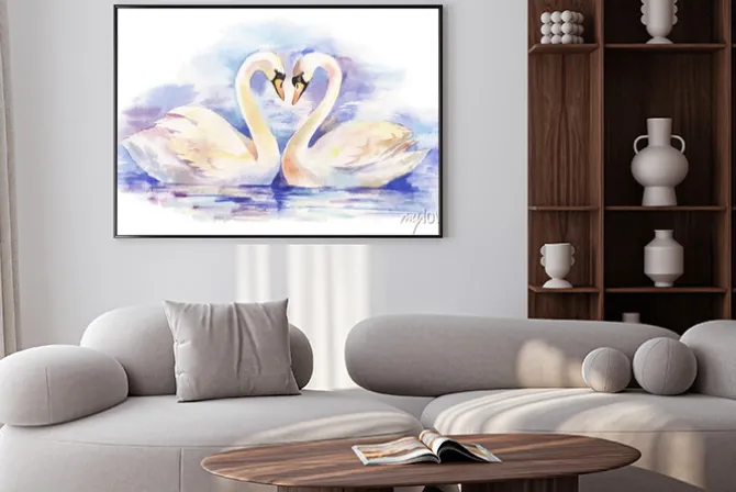 Plakat: Akwarela wektora ilustracją parę białych łabędzi