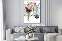 Plakat: Akwarela z portretem jednorożca z wiankiem na głowie