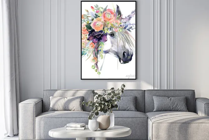 Plakat: Akwarela z portretem jednorożca z wiankiem na głowie