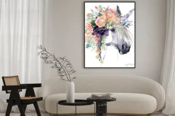 Plakat: Akwarela z portretem jednorożca z wiankiem na głowie