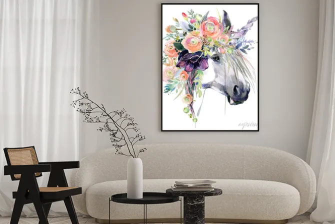 Plakat: Akwarela z portretem jednorożca z wiankiem na głowie